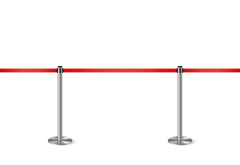 Fototapeta premium Metal column barrier with red rope. Silver luxury VIP design element for exhibition pavilion, auto show, theatre and cinema premier, winner reward ceremony. Horizontal seamless object.