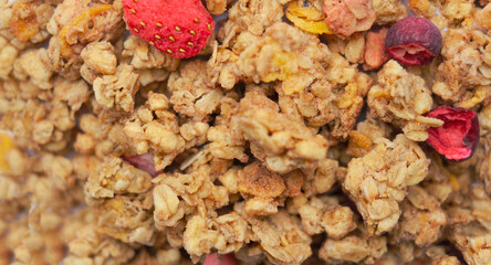 Close-up of granola, breakfast dish, snack. On the photo is a granule of oatmeal, honey and berries.