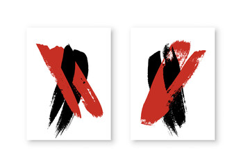 Red and black ink brush strokes in flyers set, abstract grunge stains in Japanese style