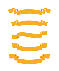 Gold ribbons with curved edges set. Decorative festive yellow banners vector collettion isolated on white background.