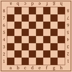 Chess board design template. Brown wooden chessboard background with letters and numbers. Vector mockup.