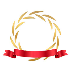 Gold round laurel wreath and red ribbon for winner, 3d golden circular border of leaves