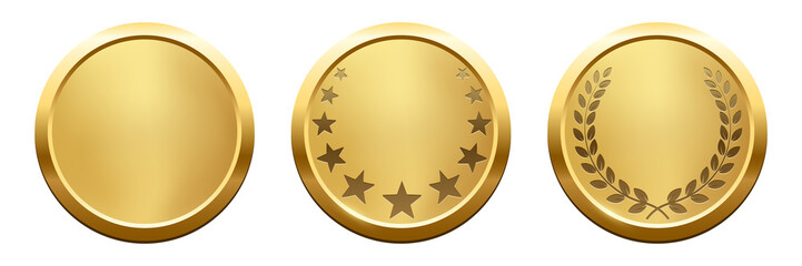 Gold round winner medals with laurel wreath and stars silhouettes, 3d realistic set