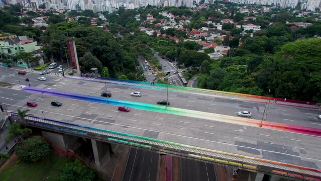 Ponte do Sumar&eacute; - S&atilde;o Paulo, SP, Brazil. Sumar&eacute; bridge. Painted in rainbow colors. LGBT community support