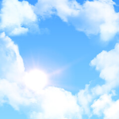 Blue bright sky with clouds and shine of sun, realistic cloudy weather, glare of sunshine