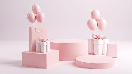 Valentine's Day interior with gold platform, balloons. Stand, podium, pedestal for goods, shop windows and magazines. Love greeting card, poster with pink gift boxes, presents - 3D, render.