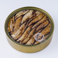 canned sprats in oil on a white background