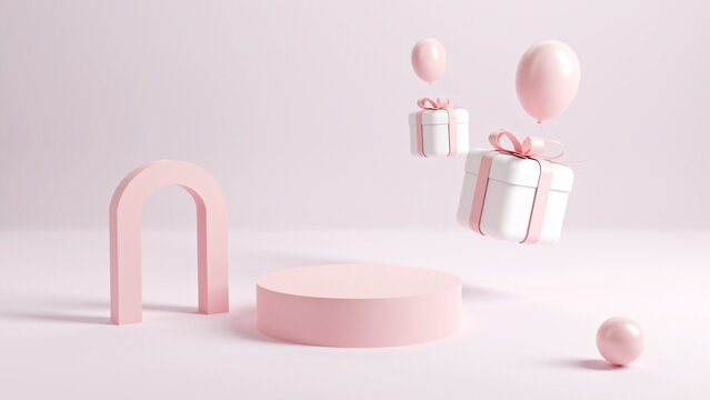 Valentine's Day interior with gold platform, balloons. Stand, podium, pedestal for goods, shop windows and magazines. Love greeting card, poster with pink gift boxes, presents - 3D, render.