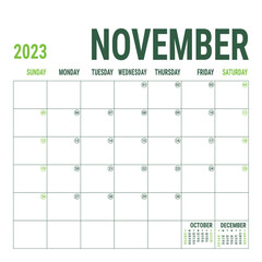 November. Planner 2023 year. English vector square calendar template. Minimalistic design. Week starts on Sunday