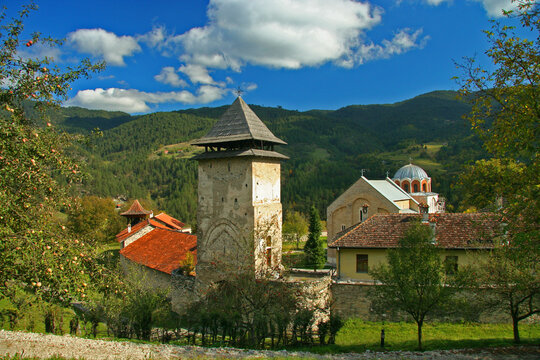 Serebia - Kraljevo - Bell tower, walls and cupolas of Studenica monastery on Rashka district, UNESCO world heritage site