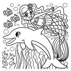 Swimming Mermaid And Dolphin Coloring Page