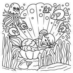 Sleeping Mermaid In A Shell Coloring Page for Kids