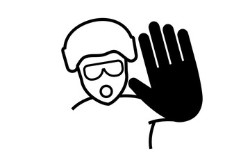 Please stop and no entry prohibited icon or sign isolated on white background. Employee, road worker or military man in a protective helmet and glasses shows a stop gesture