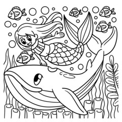 Mermaid With Whale Coloring Page for Kids