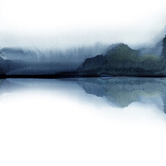 Abstract landscape watercolor. Traditional Japanese ink wash painting. Silhouette of the mountains of lake. Gray shades. Atmospheric calm moment. Space for text, cards, web.