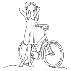 One continuous line drawing of a girl riding bicycle. A cute woman enjoy riding her cycle in the morning to exercise. Healthy lifestyle theme isolated on white background. Vector minimalist style