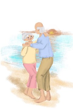 Old retired people couple having fun life after 50 age dancing on the beach sunset