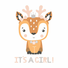 Gender party card, baby shower card. Deer girl, Scandinavian design
