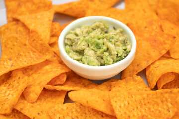 Nachos and guacamole closeup. Mexican cuisine