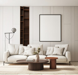 mock up poster frame in modern interior background, living room, Scandinavian style, 3D render, 3D illustration