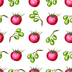 Olive fruits and tomatoes isolated on white background is in Seamless pattern - vector illustration 