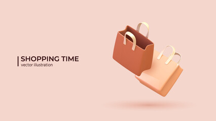 Two Empty Shopping Bags in 3d Realistic style. Online shopping and holiday promotions concept in cartoon minimal style. Vector illustration