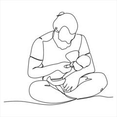 One continuous line drawing of a man with a child. The young father smiles and holds the baby in his arms, clutching him to himself. Vector sketch illustration for father's day, parenthood, babysitter