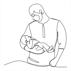 Fototapeta premium One continuous line drawing of a man with a child. The young father smiles and holds the baby in his arms, clutching him to himself. Vector sketch illustration for father's day, parenthood, babysitter