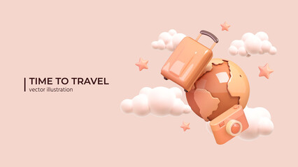Luggage, planet and photo camera with clouds and stars around. Travel creative concept in Realistic 3d cartoon minimal style. Vector illustration - obrazy, fototapety, plakaty