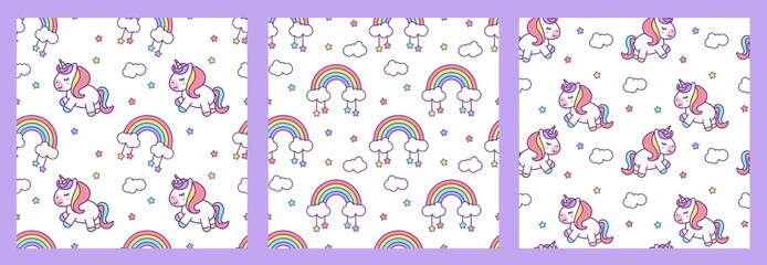 Set of seamless vector patterns with unicorns, stars, rainbows and clouds on a transparent background