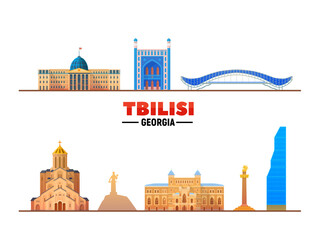 Tbilisi (Georgia) landmarks on a white background. Flat vector illustration. Business travel and tourism concept with modern buildings. Image for banner or web site - obrazy, fototapety, plakaty
