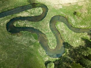 Meandering and twisting river. View from above. Ploucnice river Czech Republic