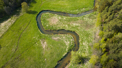 Meandering and twisting river. View from above. Ploucnice river Czech Republic