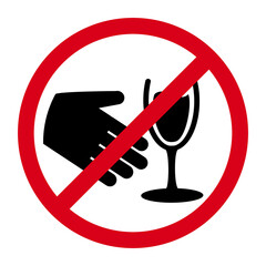 No alcohol symbol. Crossed out hand and glass icons on a red prohibition sign