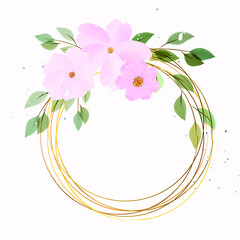 pink roses and leaves vector hand drawn frame with golden rings