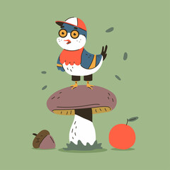 Cute titmouse on mushroom vector cartoon character isolated on background.