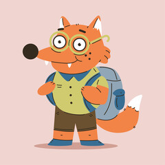 Cute fox with hiking backpack vector cartoon character isolated on background.