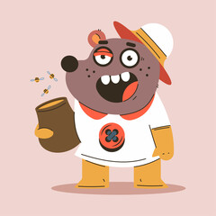 Cute bear with honey jar and bee vector cartoon character isolated on background.