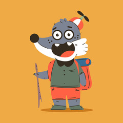 Cute wolf tourist with backpack vector cartoon character isolated on background.