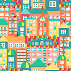 Seamless pattern urban colorful houses. Cats on rooftops. Vector illustration
