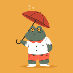 Cute frog with umbrella vector cartoon character isolated on background.