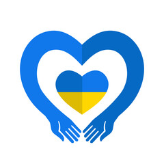 Ukrainian flag, logo, heart-shaped background in the embrace of two hands.