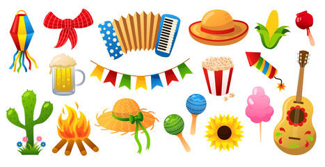 Festa Junina! Set of traditional celebration symbols.Vector cute illustrations for Brazilian Latin American festival. Drawings for banner, card, poster, postcard.
