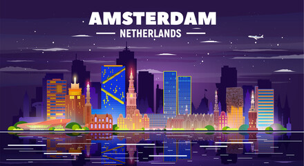 Amsterdam skyline with panorama in night background. Vector Illustration. Business travel and tourism concept with modern buildings. Image for presentation, banner, web site.