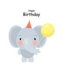 Cute Elephant with balloon. Cartoon style. Vector illustration. For card, posters, banners, children books, printing on the pack, printing on clothes, fabric, wallpaper, textile or dishes.