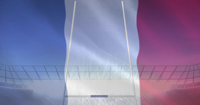 Image of flag of france and confetti over rugby balls falling at stadium - Powered by Adobe