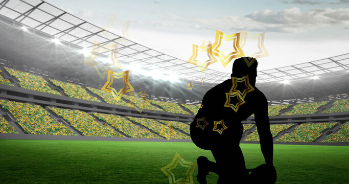 Image of stars and lets play text over rugby player with ball at stadium