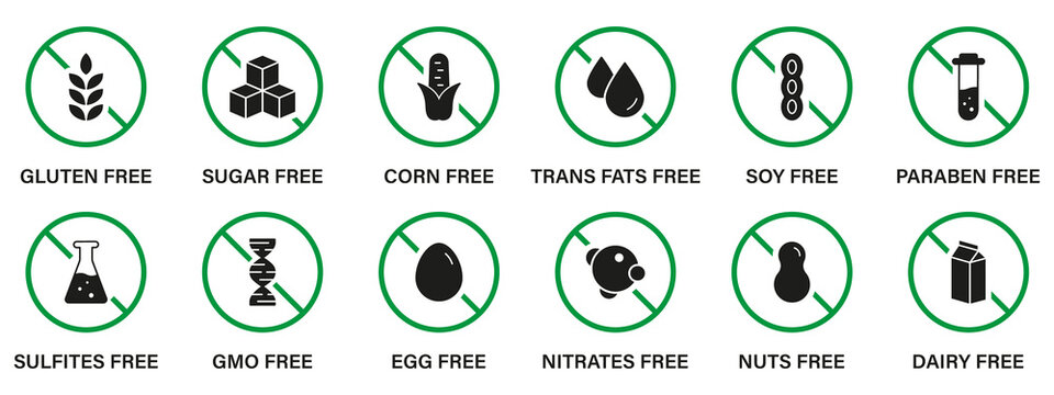 Free Allergen Ingredient Silhouette Black Icon Set. Forbidden Symbol of GMO, Trans Fat, Sugar, Soy, Egg, Gluten, Corn, Dairy, Sugar, Milk, Paraben and Nitrates. Isolated Vector Illustration