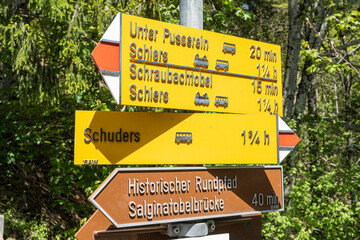 Wanderwegweiser bei der Salginatobelbrücke ob Schiers, Kanton Graubünden, Schweiz