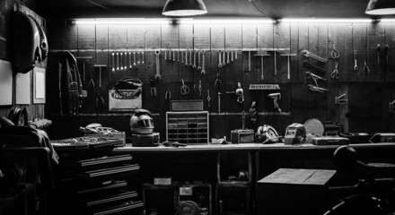 Workshop scene. Old tools hanging on wall in workshop, Tool shelf against a table and wall, vintage garage style